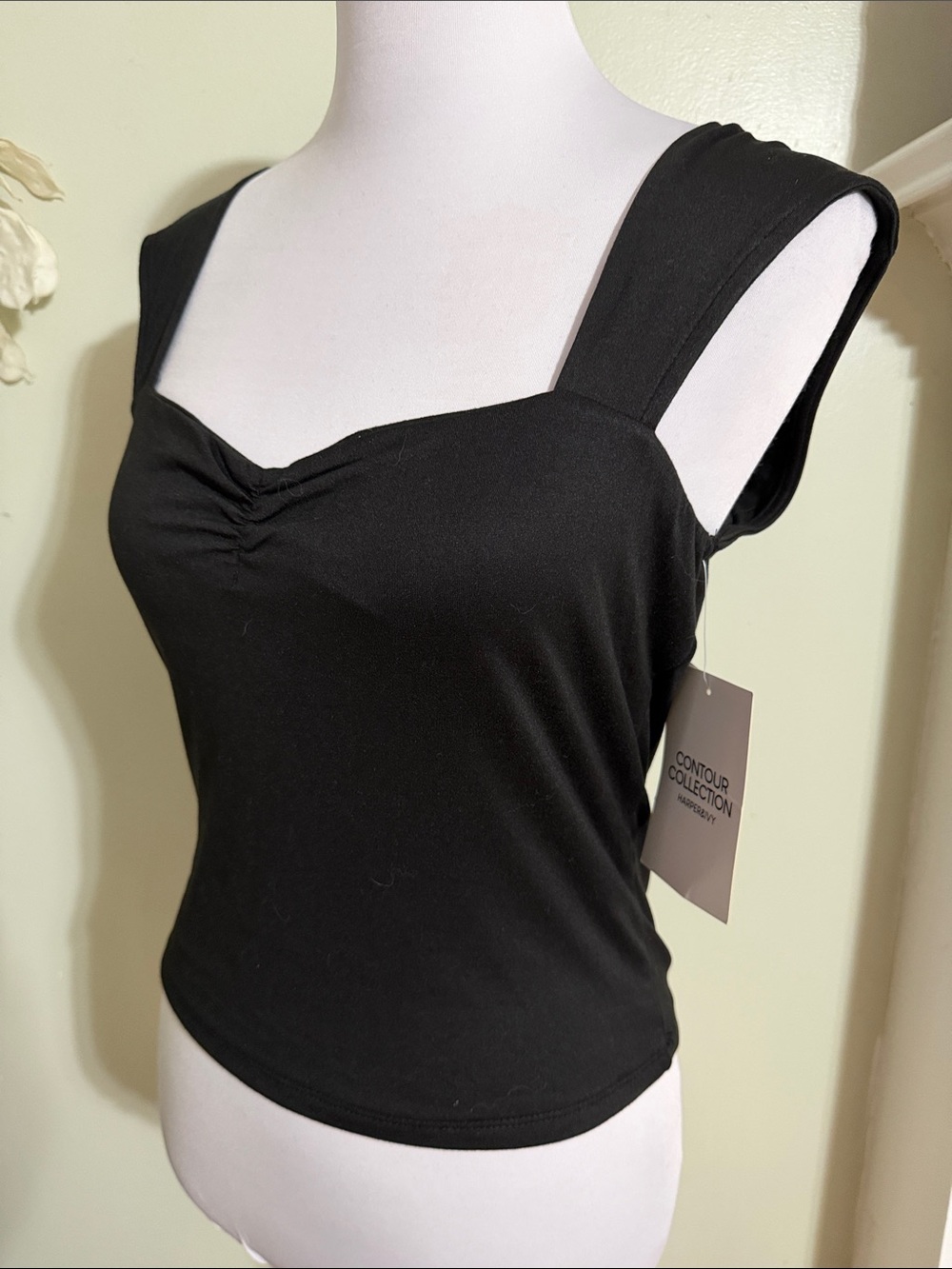 Harper & Ivy Black Square Neck Ruched Crop Tank Top - Picture 4 of 4